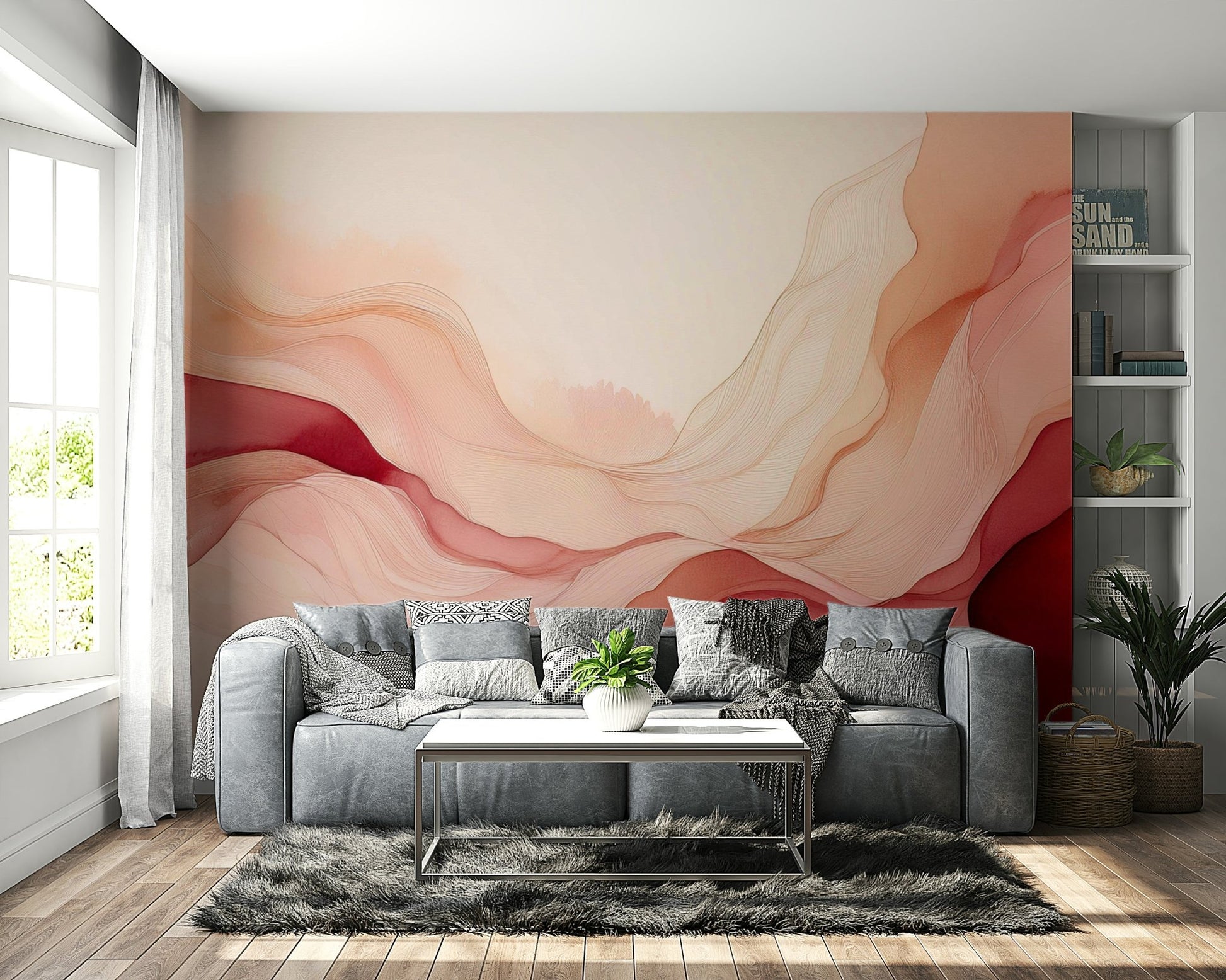 Peaceful blush wave wall mural for modern walls.


