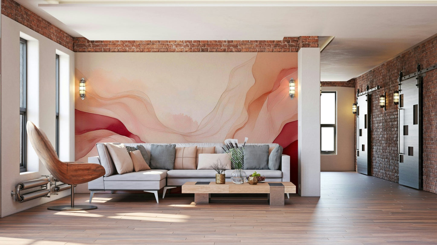 Blush waves wall mural to create a serene ambiance.


