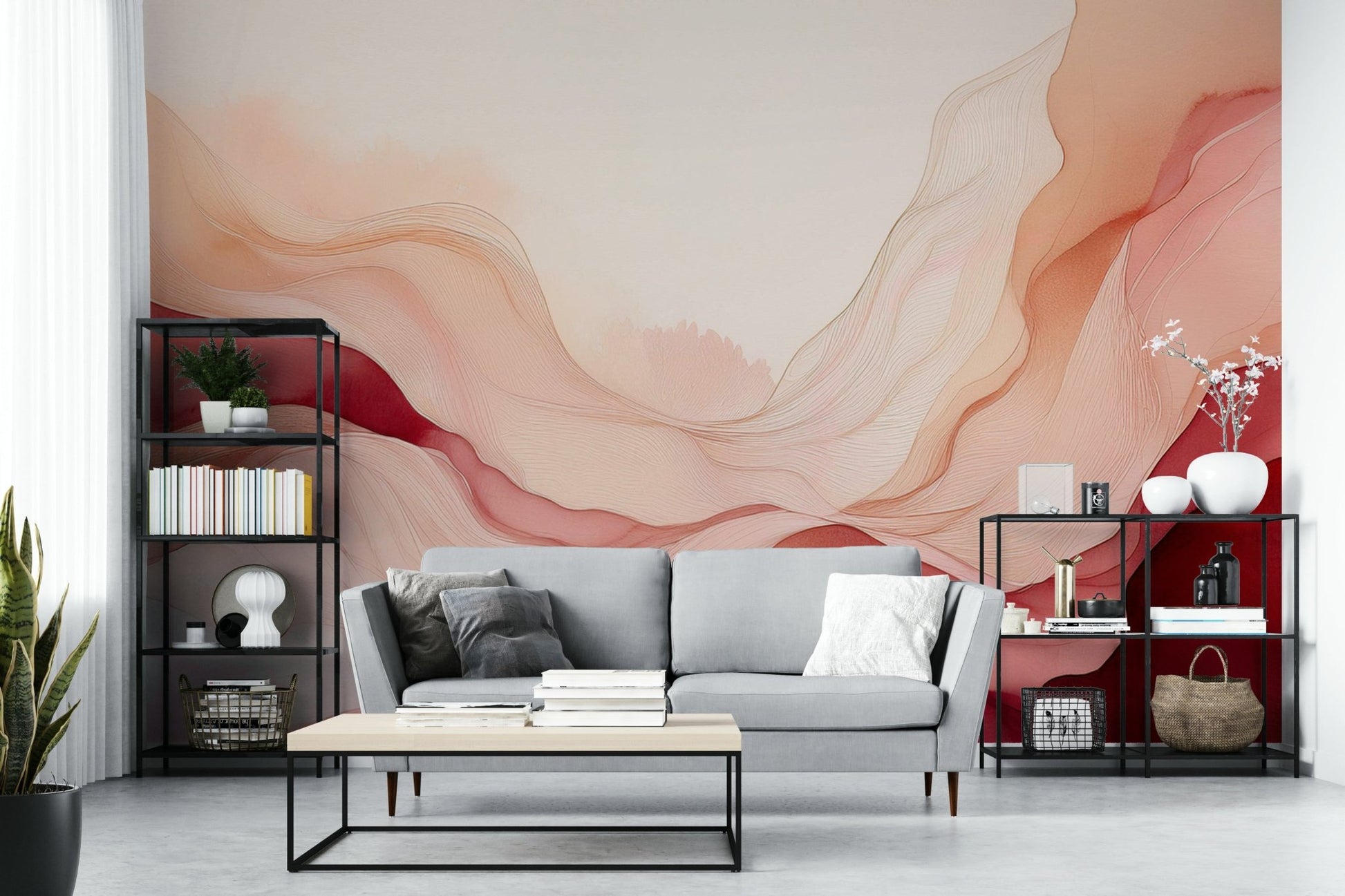 Serene blush waves wall mural for modern spaces.


