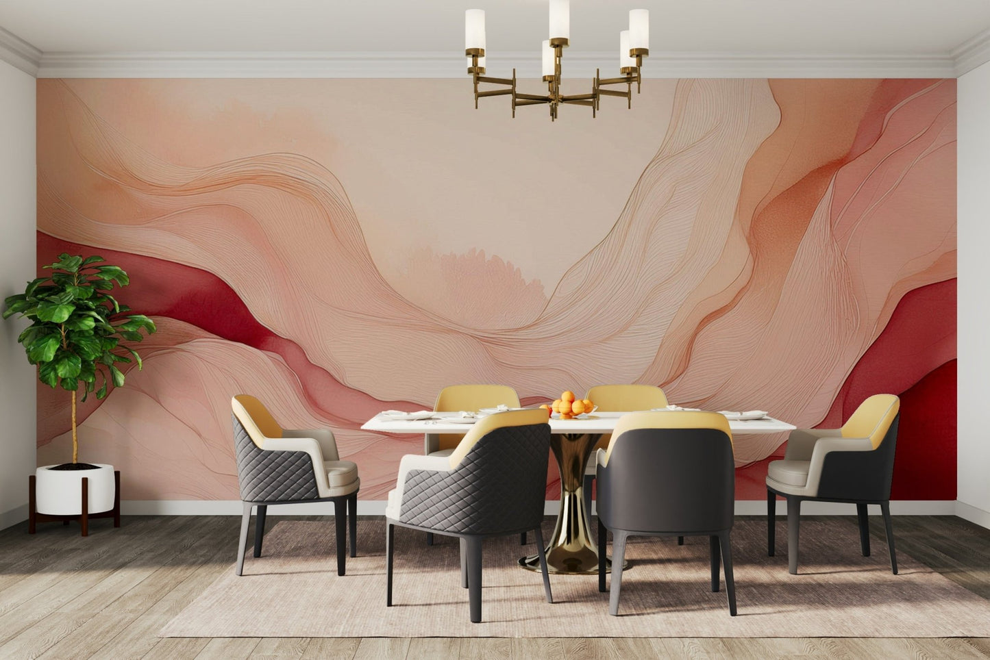 Elegant waves wall mural in soft blush tones.

