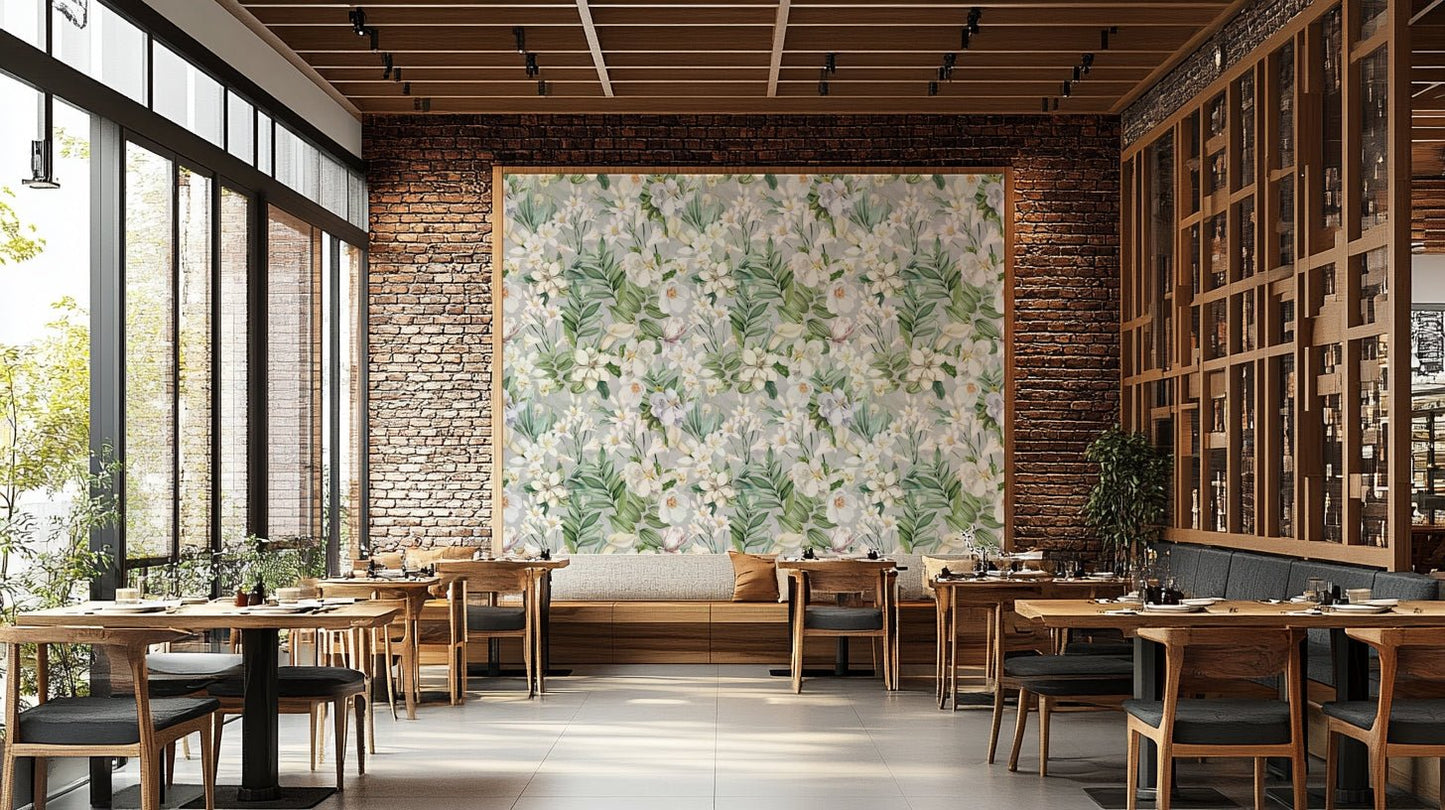 Serene botanical wallpaper with subtle pastel-colored flowers.

