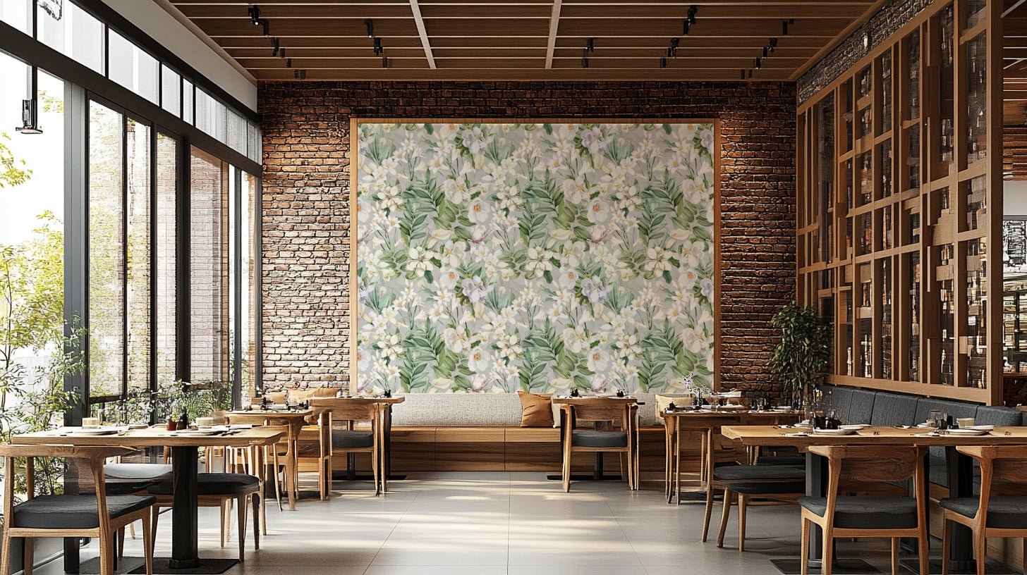Serene botanical wallpaper with subtle pastel-colored flowers.

