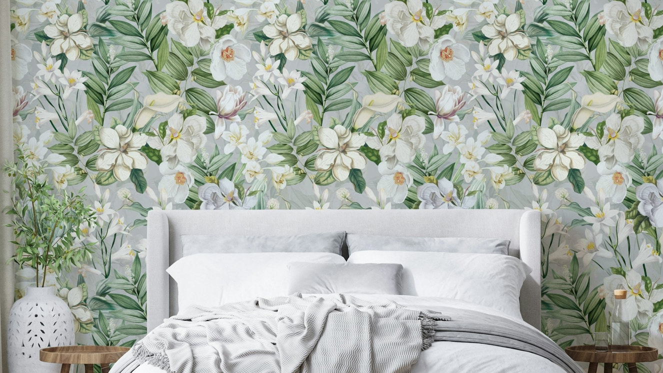 Botanical wallpaper with a serene floral design for any room.


