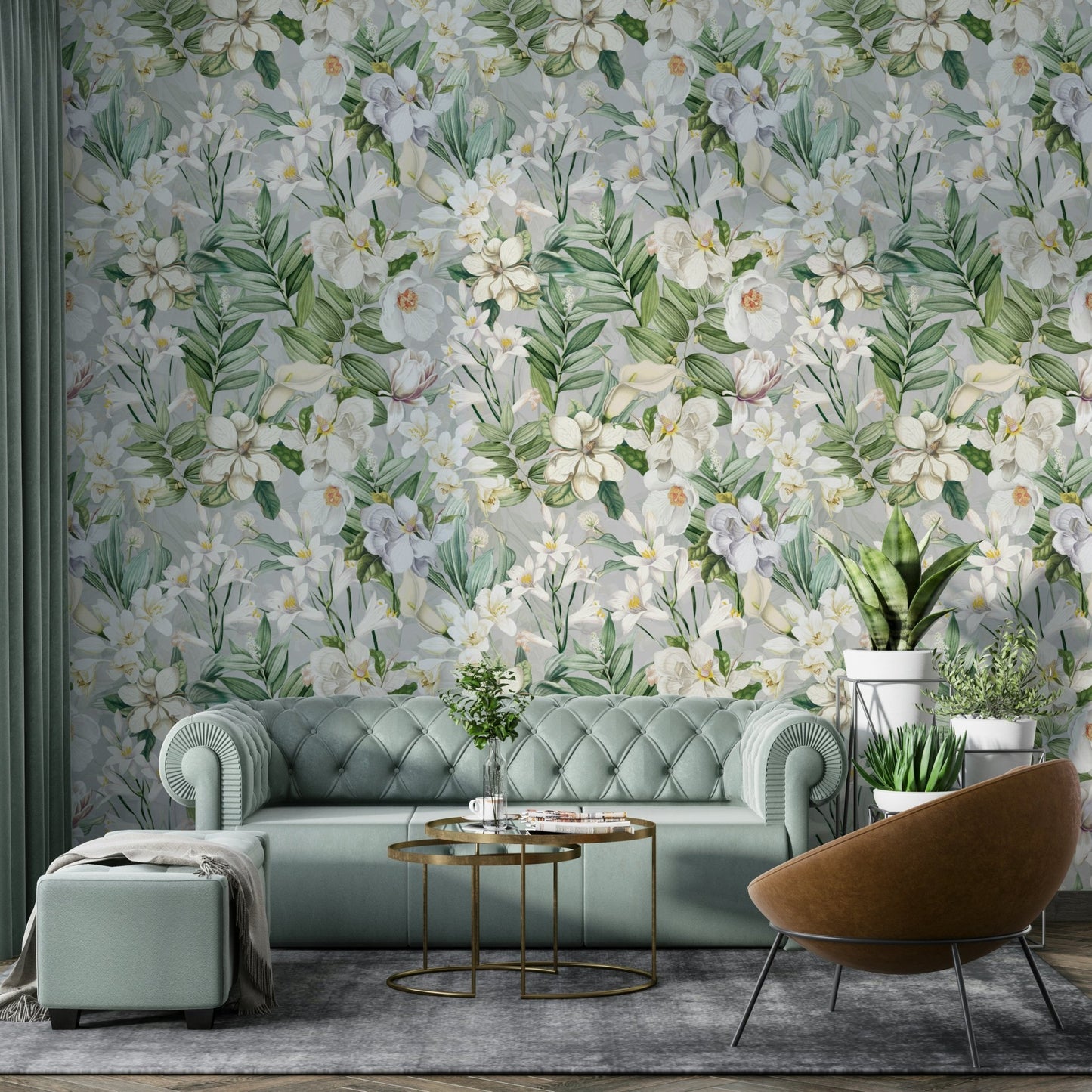 Soft pastel botanical wallpaper for a tranquil ambiance.

