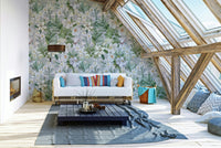 Light floral wallpaper design with intricate botanical details.

