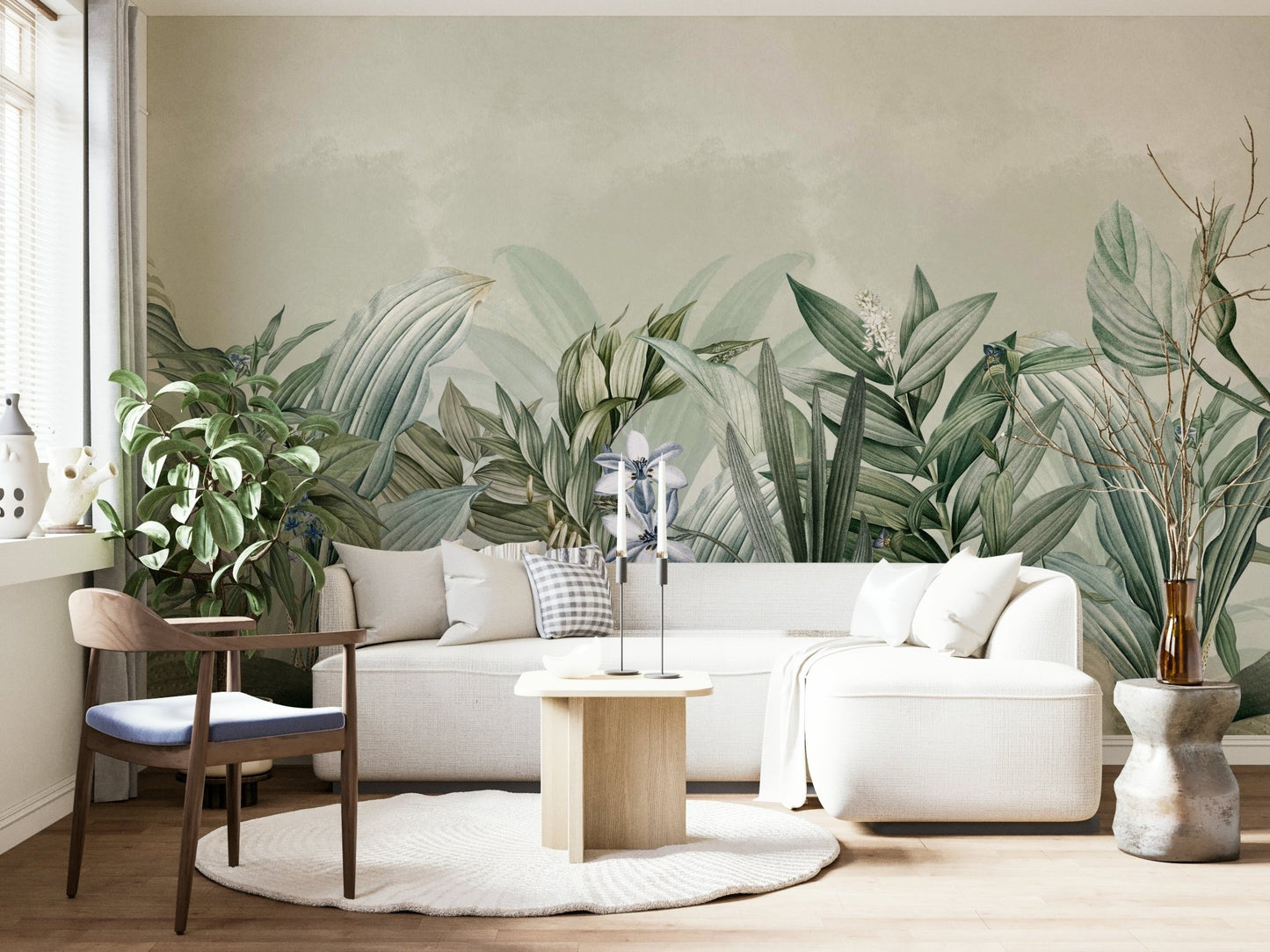 Serene wall mural featuring lush garden plants.

