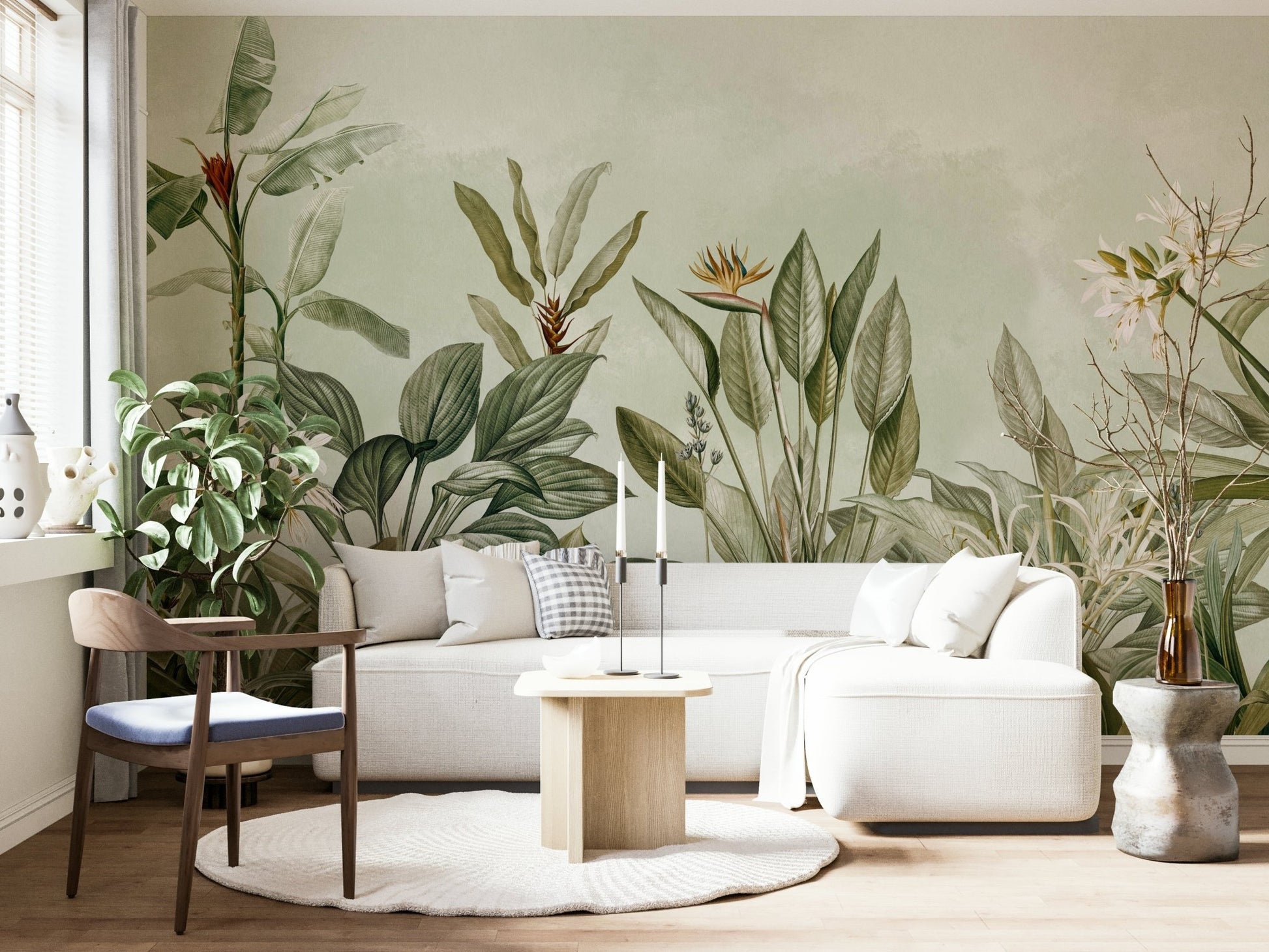 Refresh your room with this serene botanical mural.

