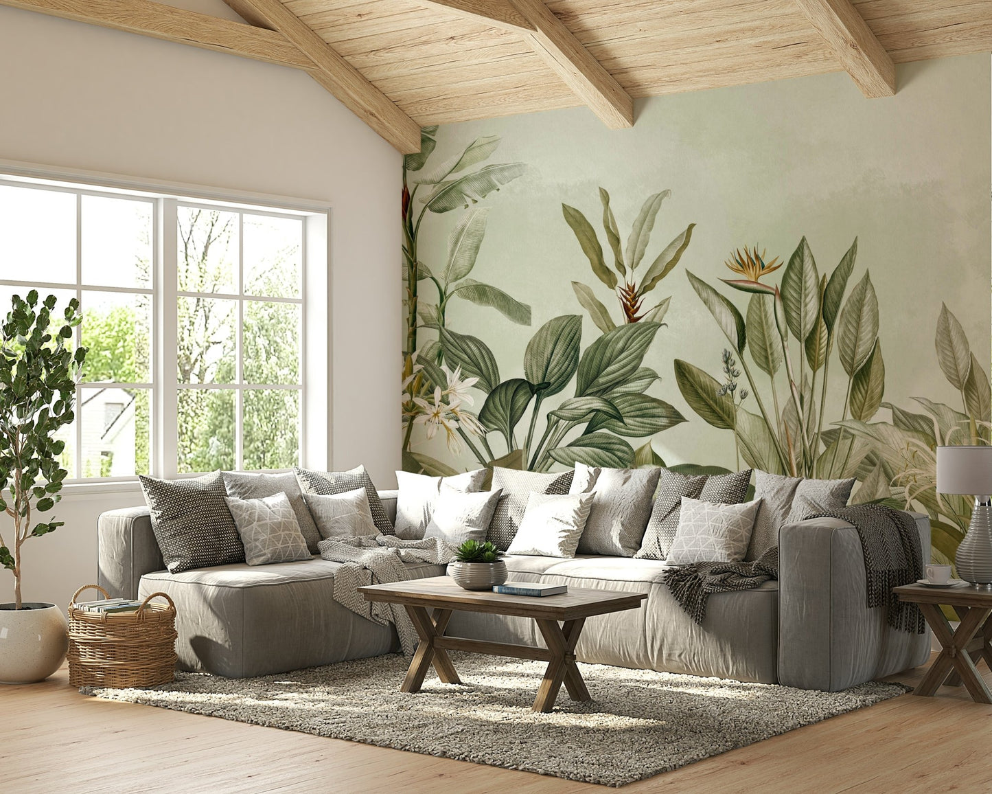 Lush green botanical mural for a peaceful room feel.

