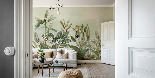 Beautiful garden mural with lush greenery and flowers.

