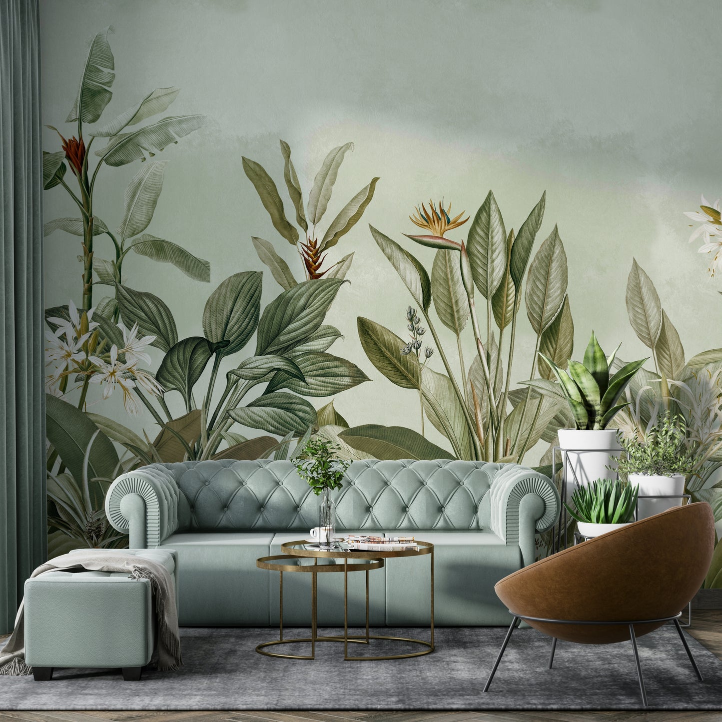 Tranquil garden mural with vibrant greenery for walls.

