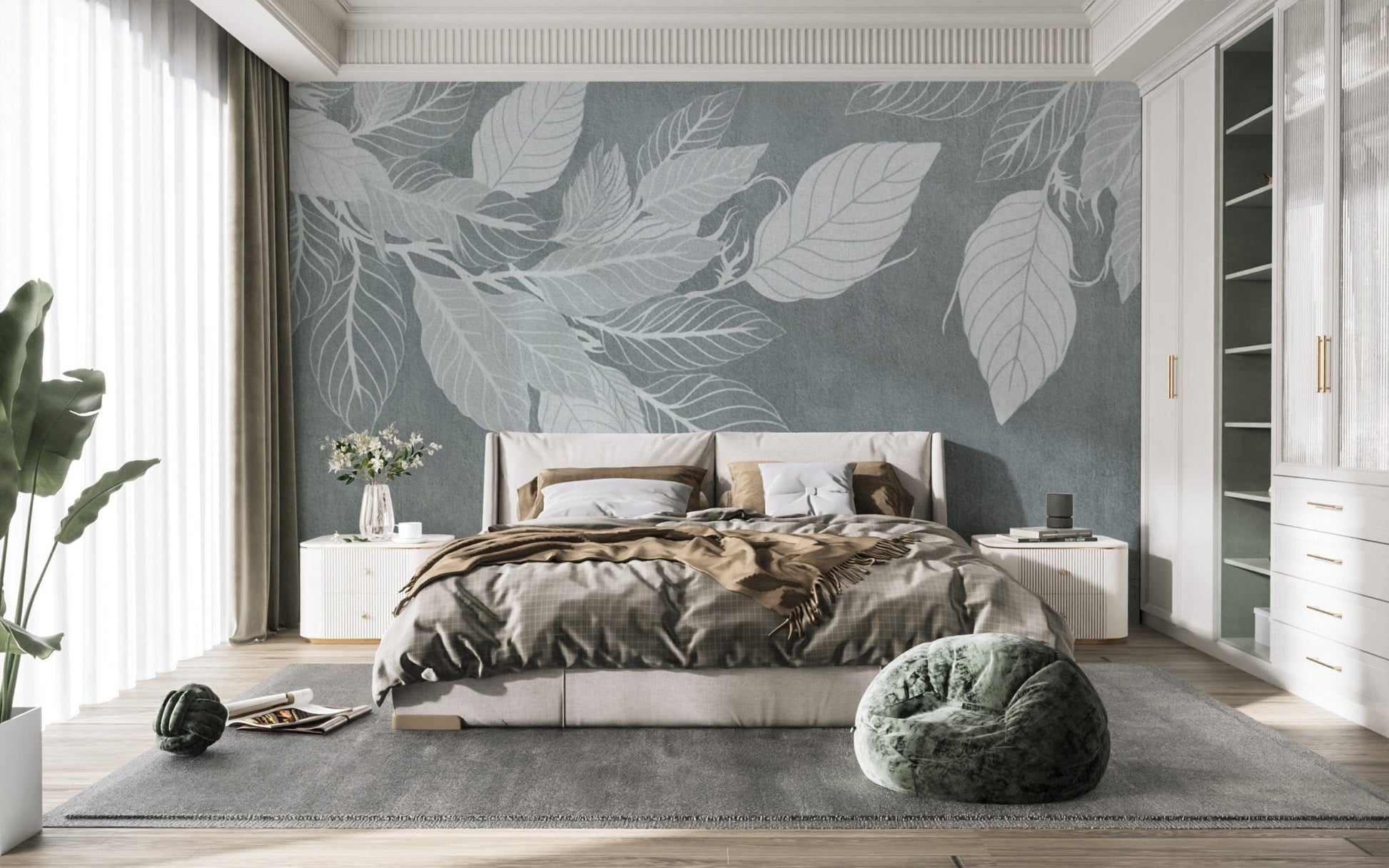 Modern serene leaves wall covering D147

