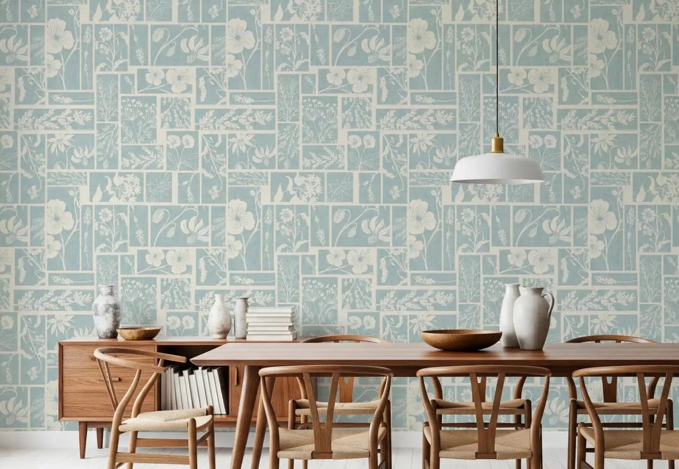 Dining room with Serene Botanical Patchwork Wallpaper in soft blue floral panels