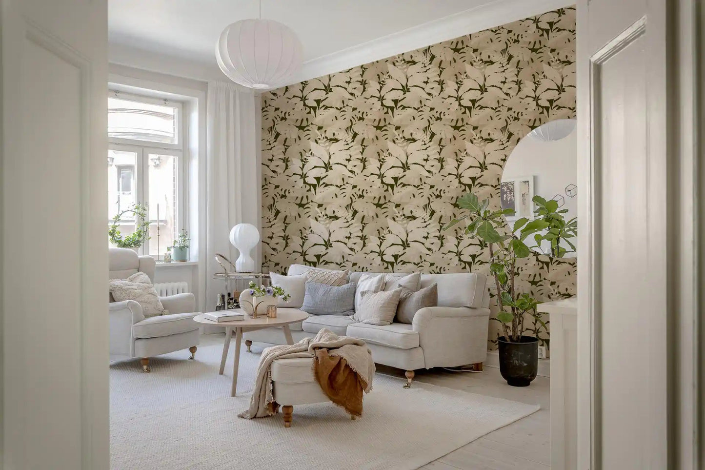 Serene Botanical Rustic Monstera Wallpaper brightening a relaxed Living setting