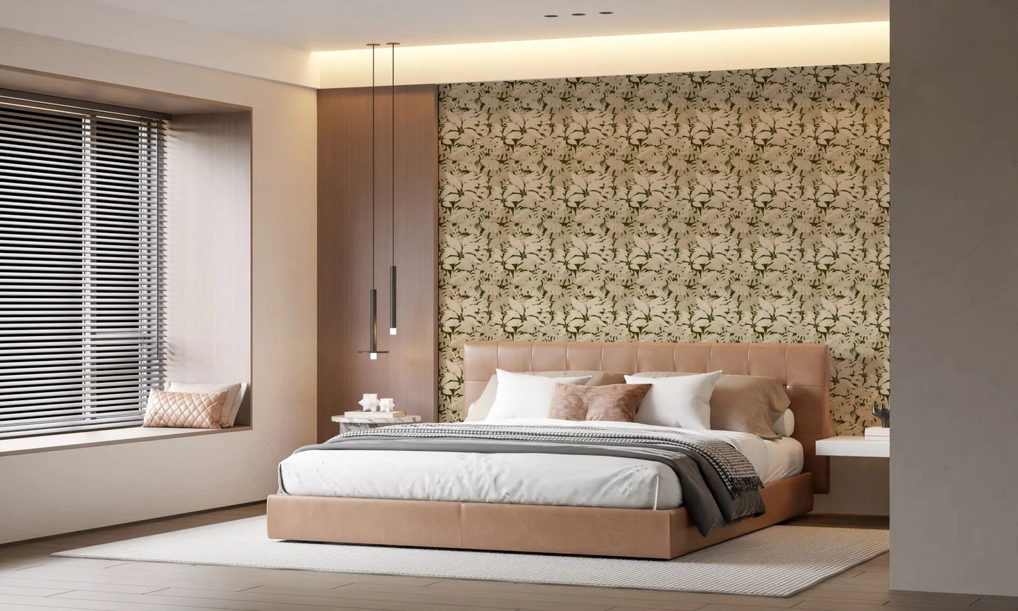 Serene Botanical Rustic Monstera Wallpaper placed behind a warm neutral bedroom
