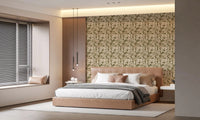 Serene Botanical Rustic Monstera Wallpaper placed behind a warm neutral bedroom