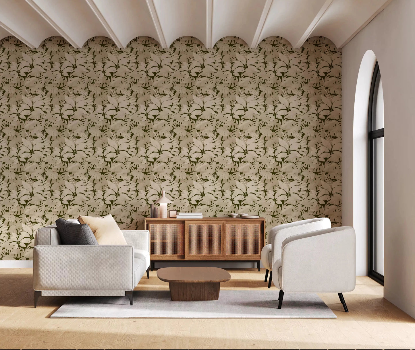 Arched ceiling lounge styled with Serene Botanical Rustic Monstera Wallpaper