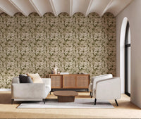 Arched ceiling lounge styled with Serene Botanical Rustic Monstera Wallpaper