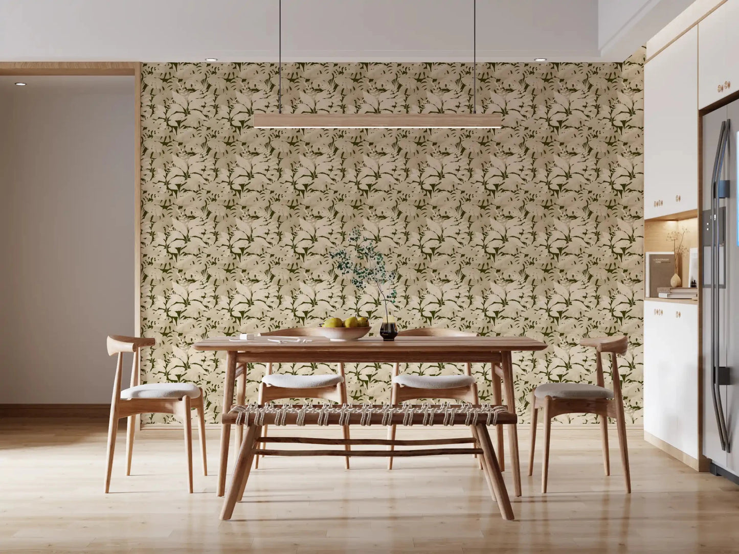 Rustic Monstera Wallpaper framing a simple dining nook with a wooden table