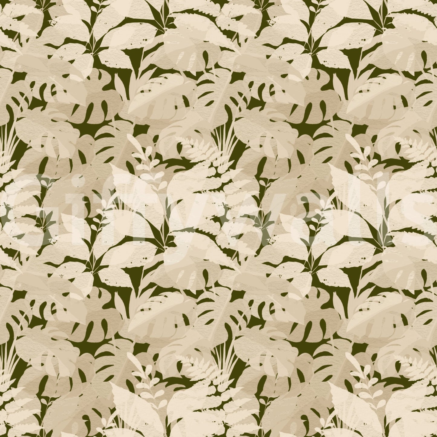 Serene Botanical Rustic Monstera Wallpaper with layered beige leaves on olive ground