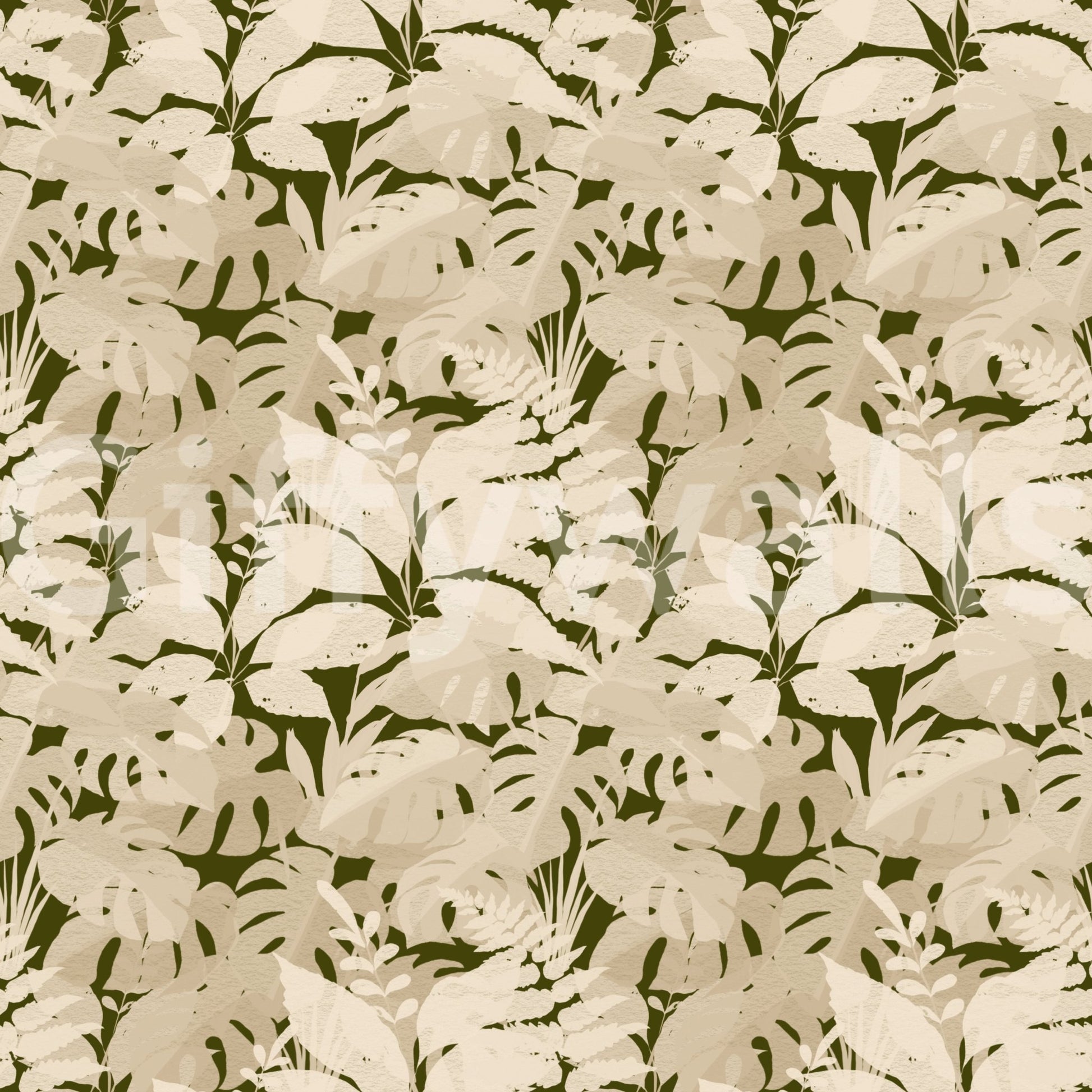 Serene Botanical Rustic Monstera Wallpaper with layered beige leaves on olive ground