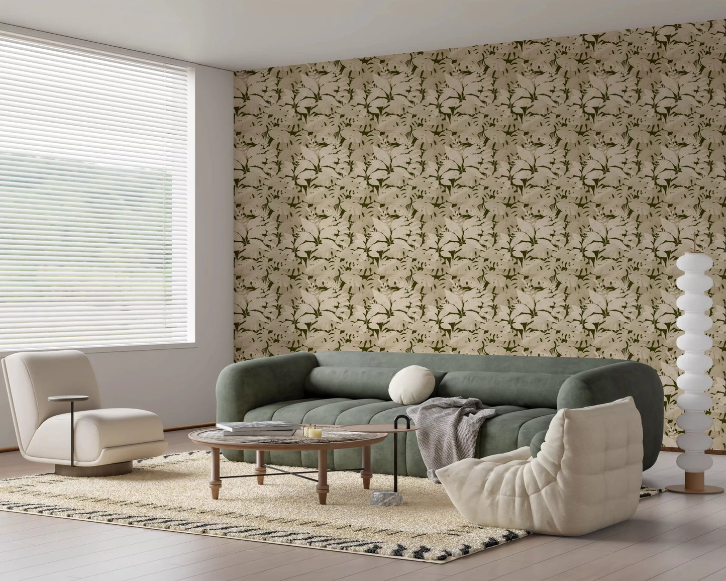 Rustic beige foliage in Serene Botanical Rustic Monstera Wallpaper with soft depth