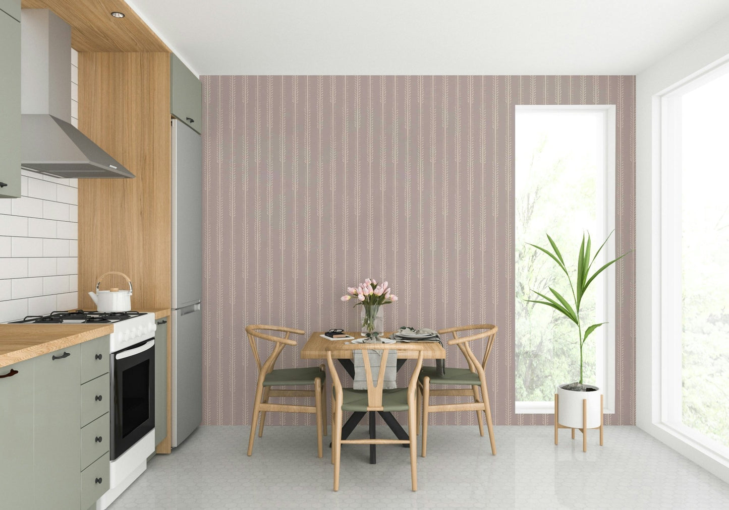 Botanical stripes wallpaper in calming tones

