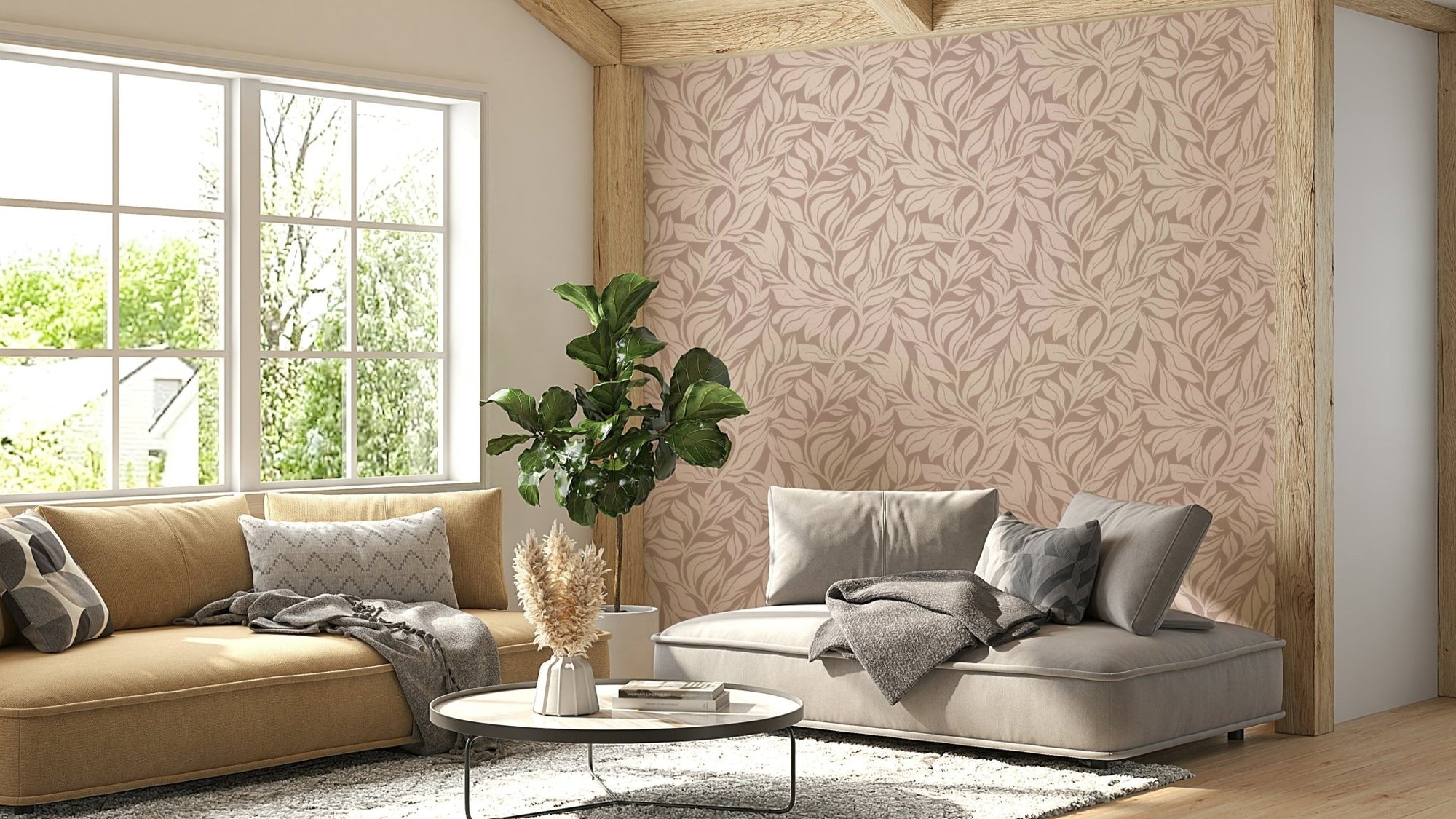 Serene botanical wallpaper with lush green leaves., GD2092