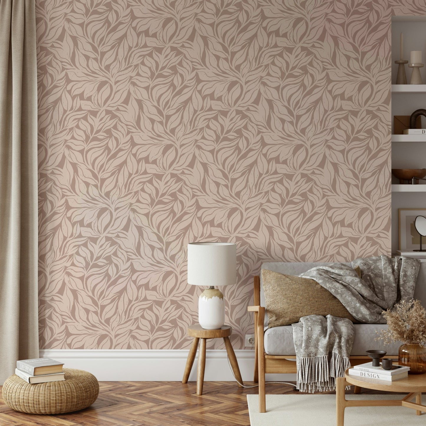 Serene botanical wallpaper featuring soft leaf patterns.

