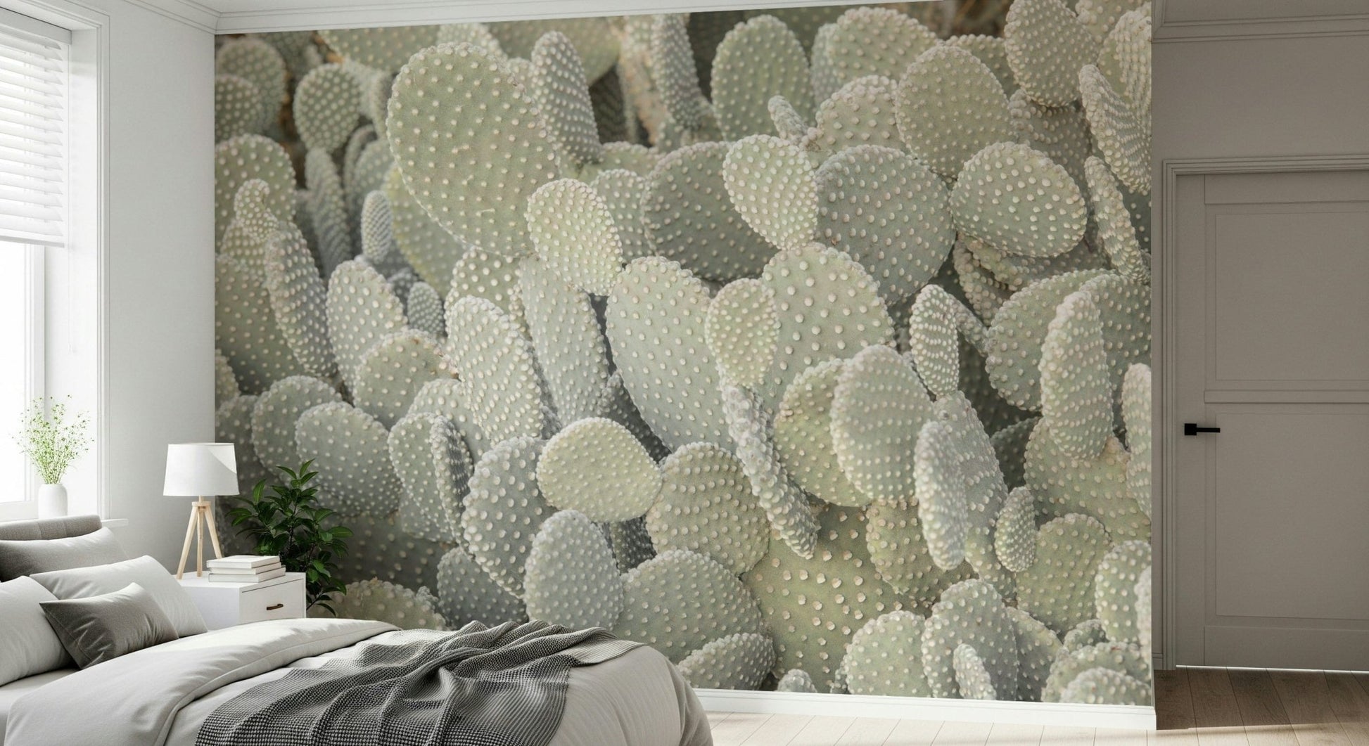 Desert plant wallpaper mural behind a wooden desk in a home office.