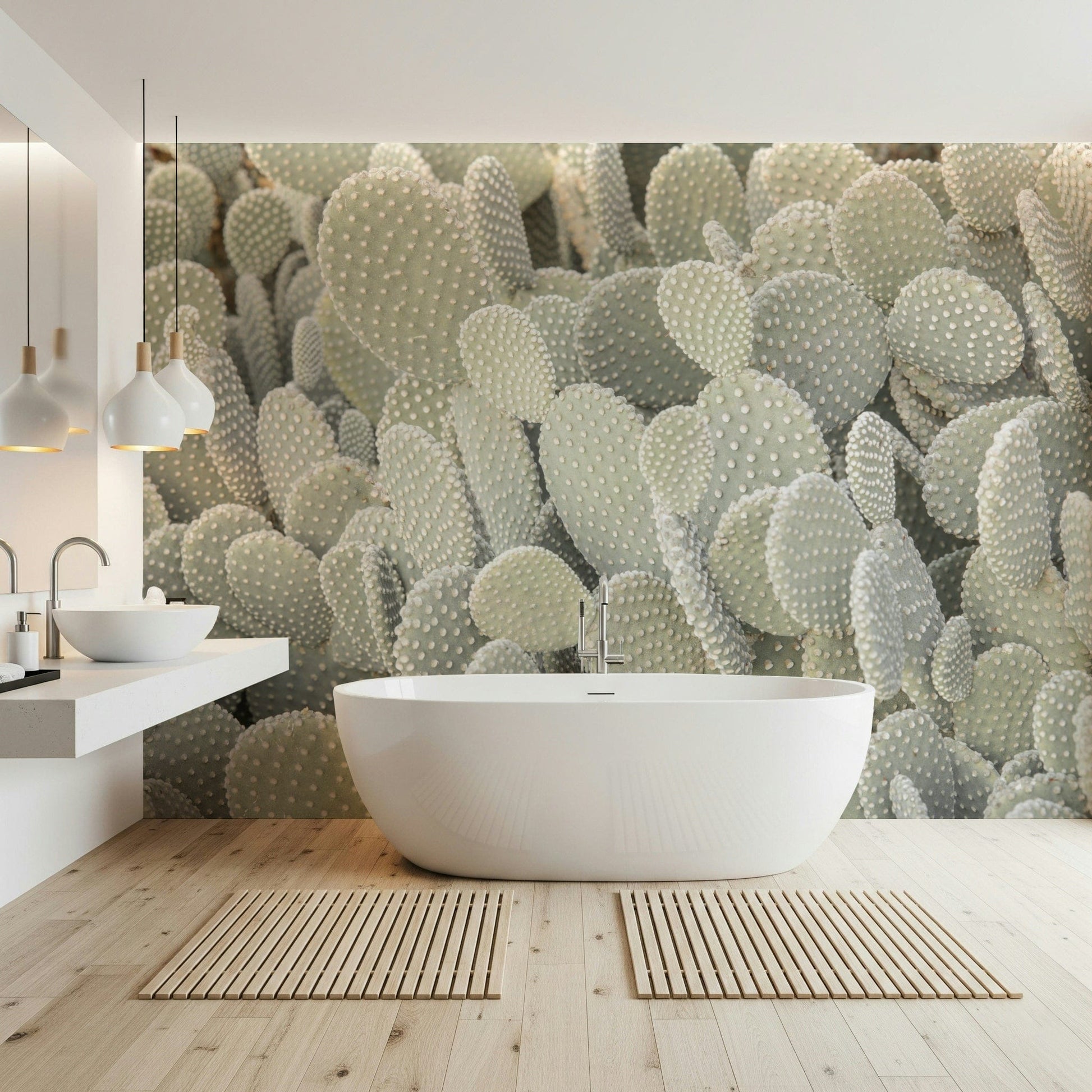 Soft green cactus wallpaper mural for a contemporary lounge area.