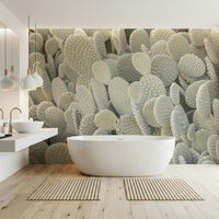 Soft green cactus wallpaper mural for a contemporary lounge area.