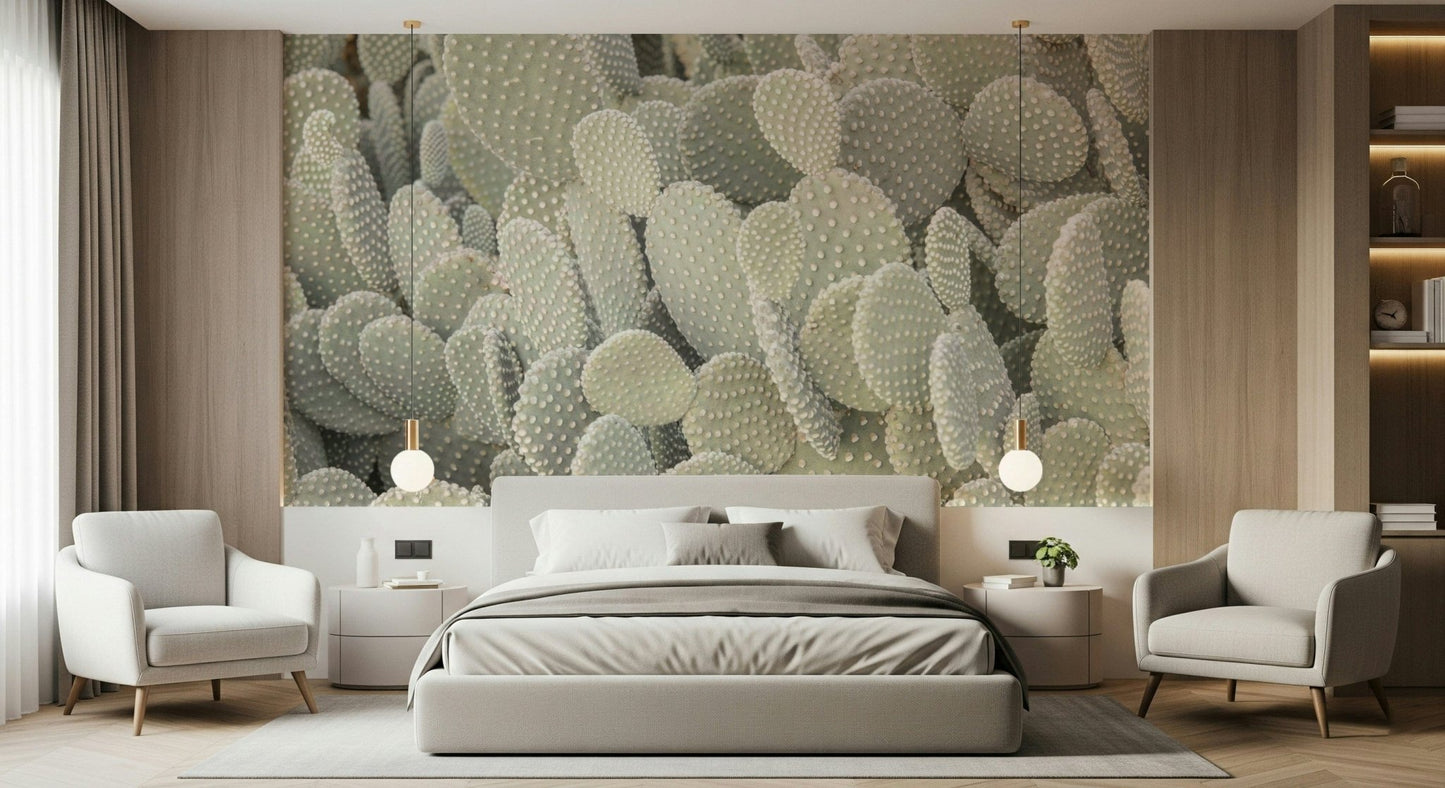 Green botanical wallpaper mural for a modern bedroom feature wall.