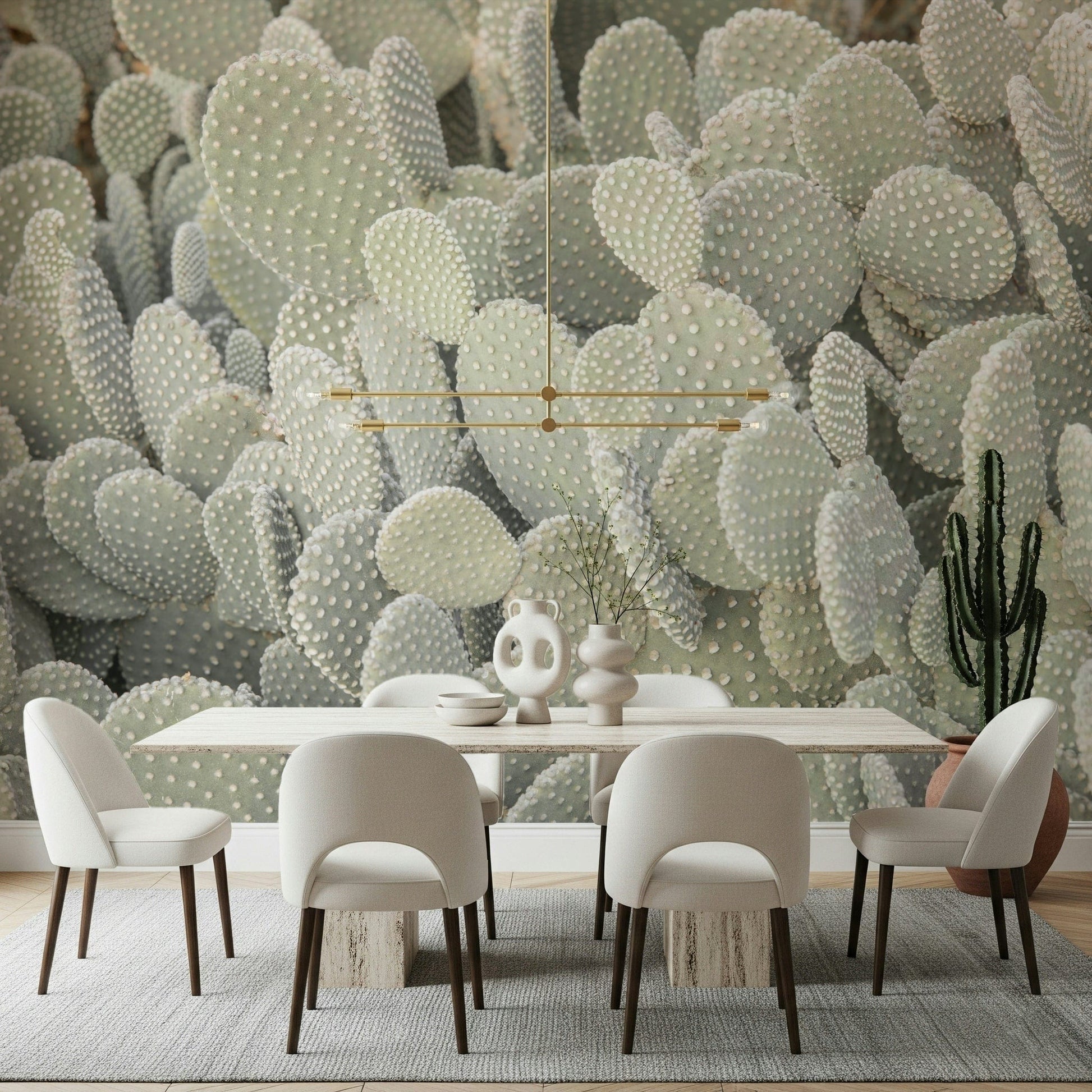 Minimalist desert flora wallpaper mural in a bright guest room.