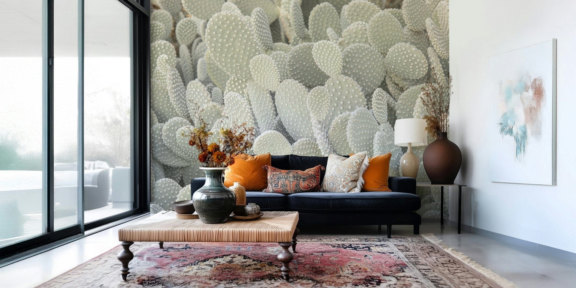 Stylish cactus wallpaper mural for a chic boutique hotel lobby.
