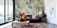 Stylish cactus wallpaper mural for a chic boutique hotel lobby.