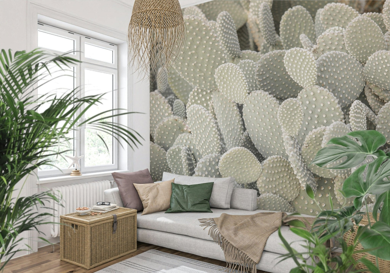 Serene cactus cluster wall mural in a minimalist living room setting.