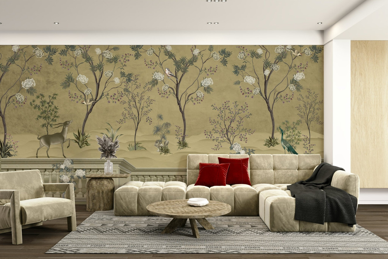 A full-wall mural of a classic chinoiserie scene.
