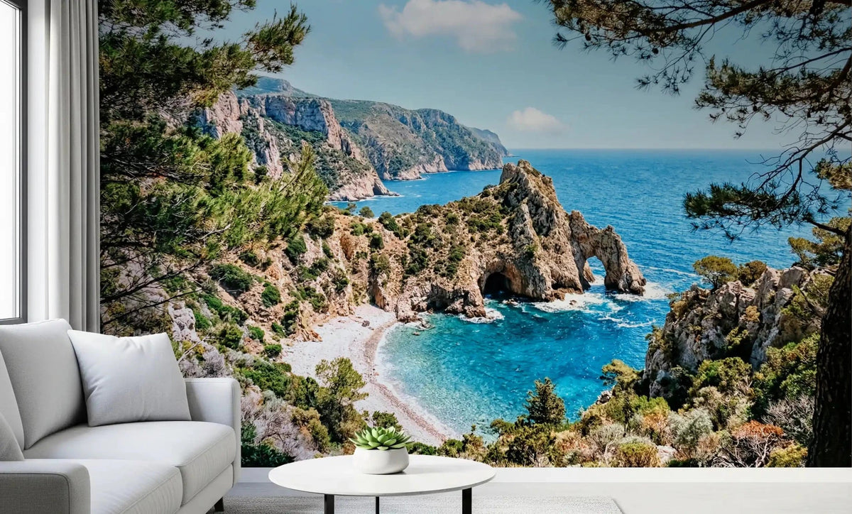 The living room opens to blue waters through a Serene Coastal Archway wall mural, GD9067