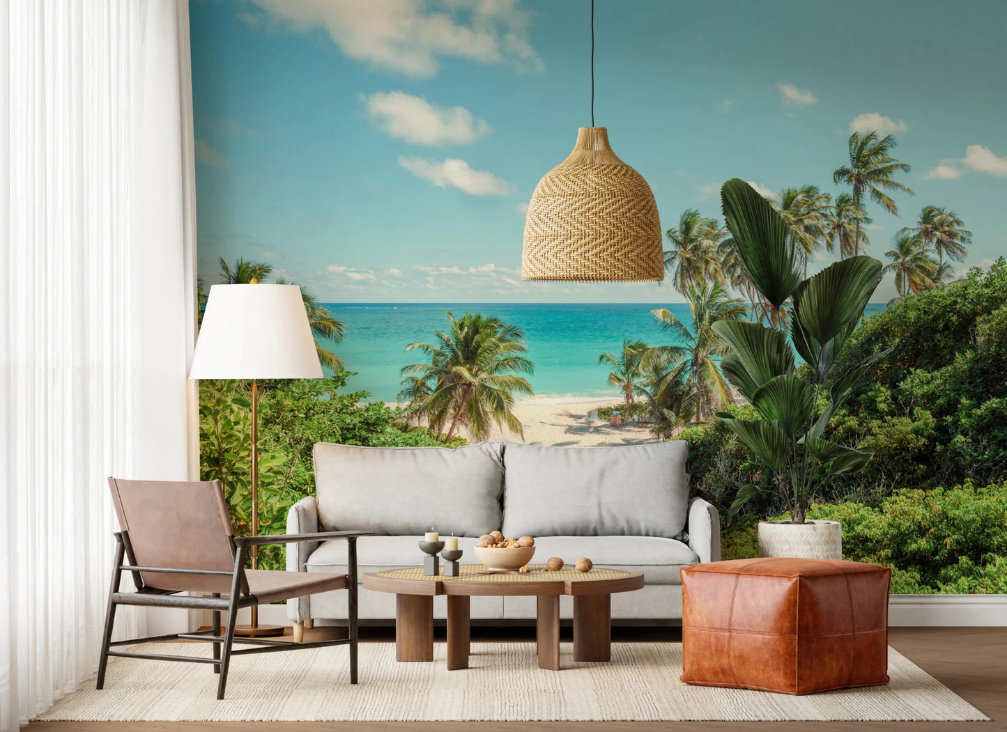 Living area styled with Serene Coastal Paradise Wall Mural and hanging pendant lights