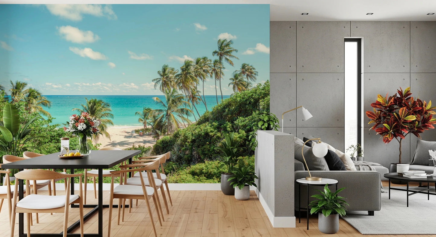 Open patio dining space with Serene Coastal Paradise Wall Mural and tropical beach scene