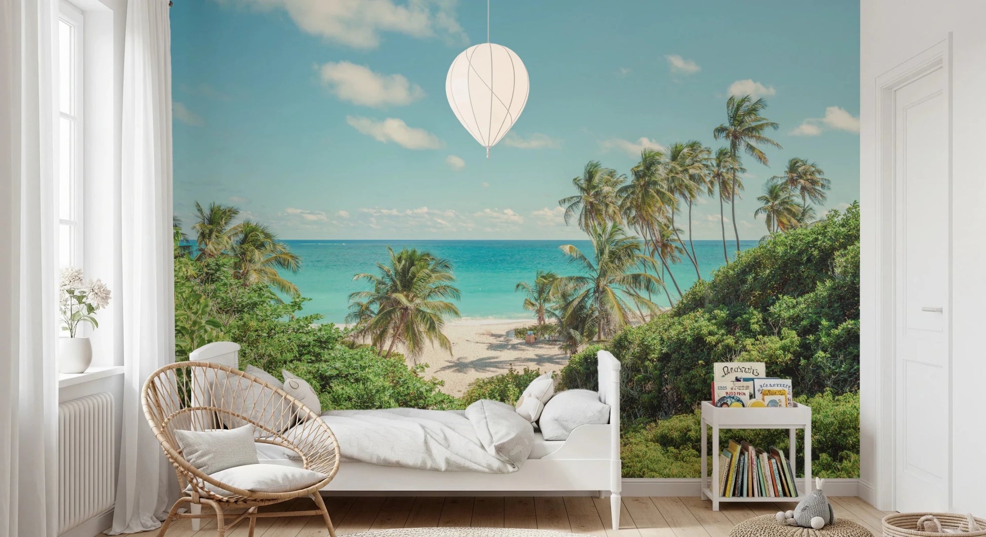 Airy bedroom with Serene Coastal Paradise Wall Mural and soft white furnishings