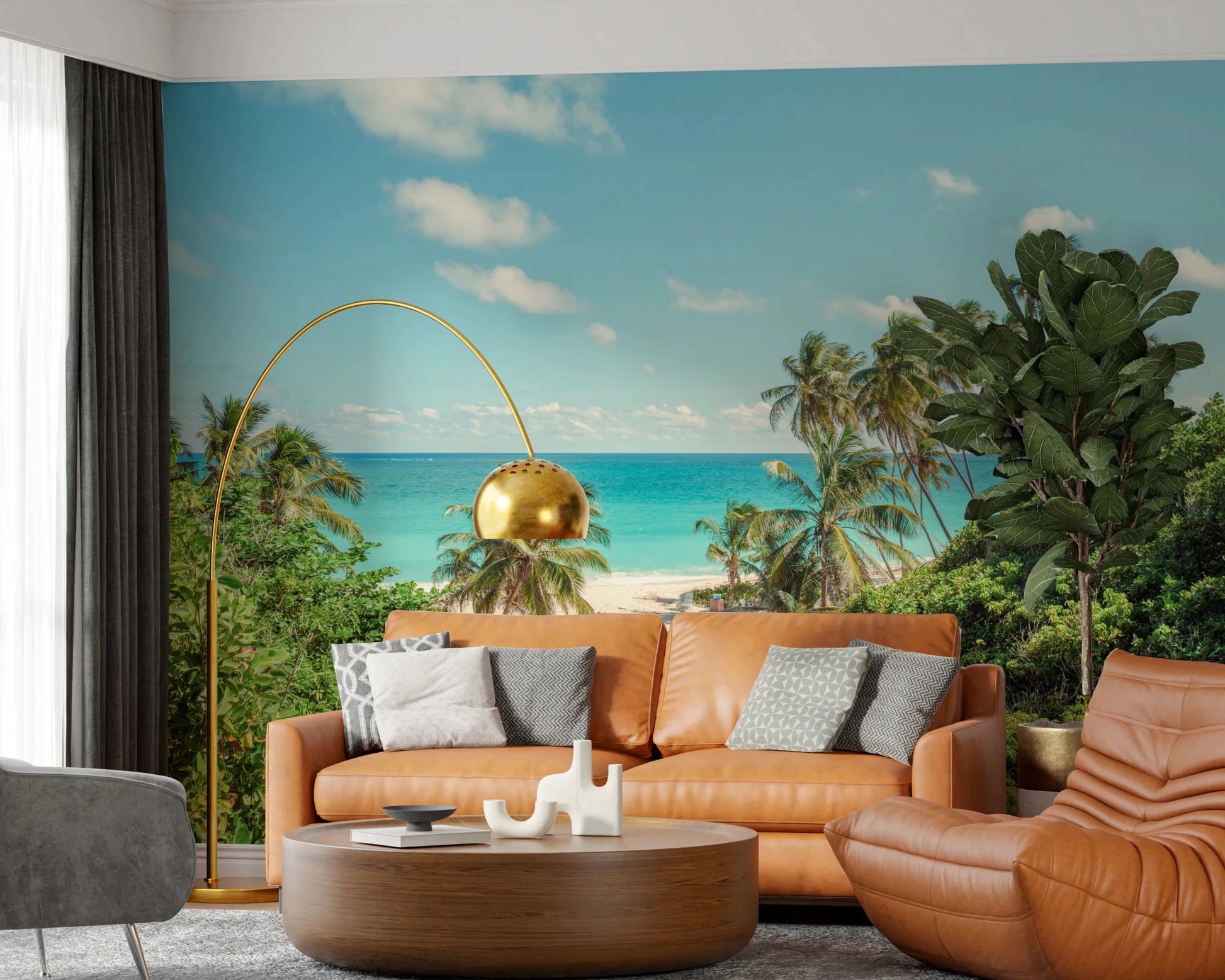 Warm living room featuring Serene Coastal Paradise Wall Mural above tan sofas