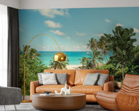 Warm living room featuring Serene Coastal Paradise Wall Mural above tan sofas