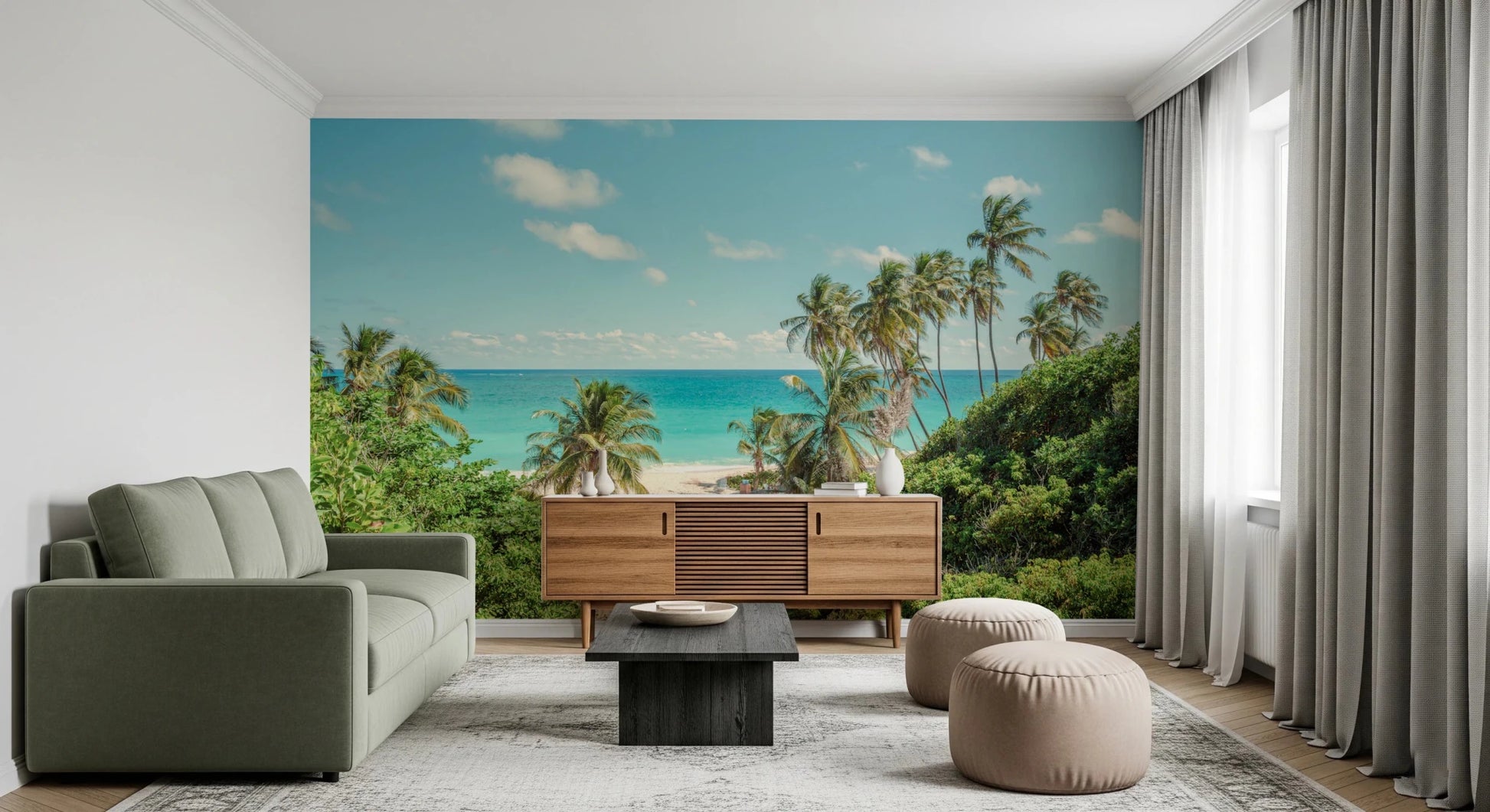 Modern lounge with Serene Coastal Paradise Wall Mural and a low green sofa