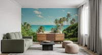 Modern lounge with Serene Coastal Paradise Wall Mural and a low green sofa