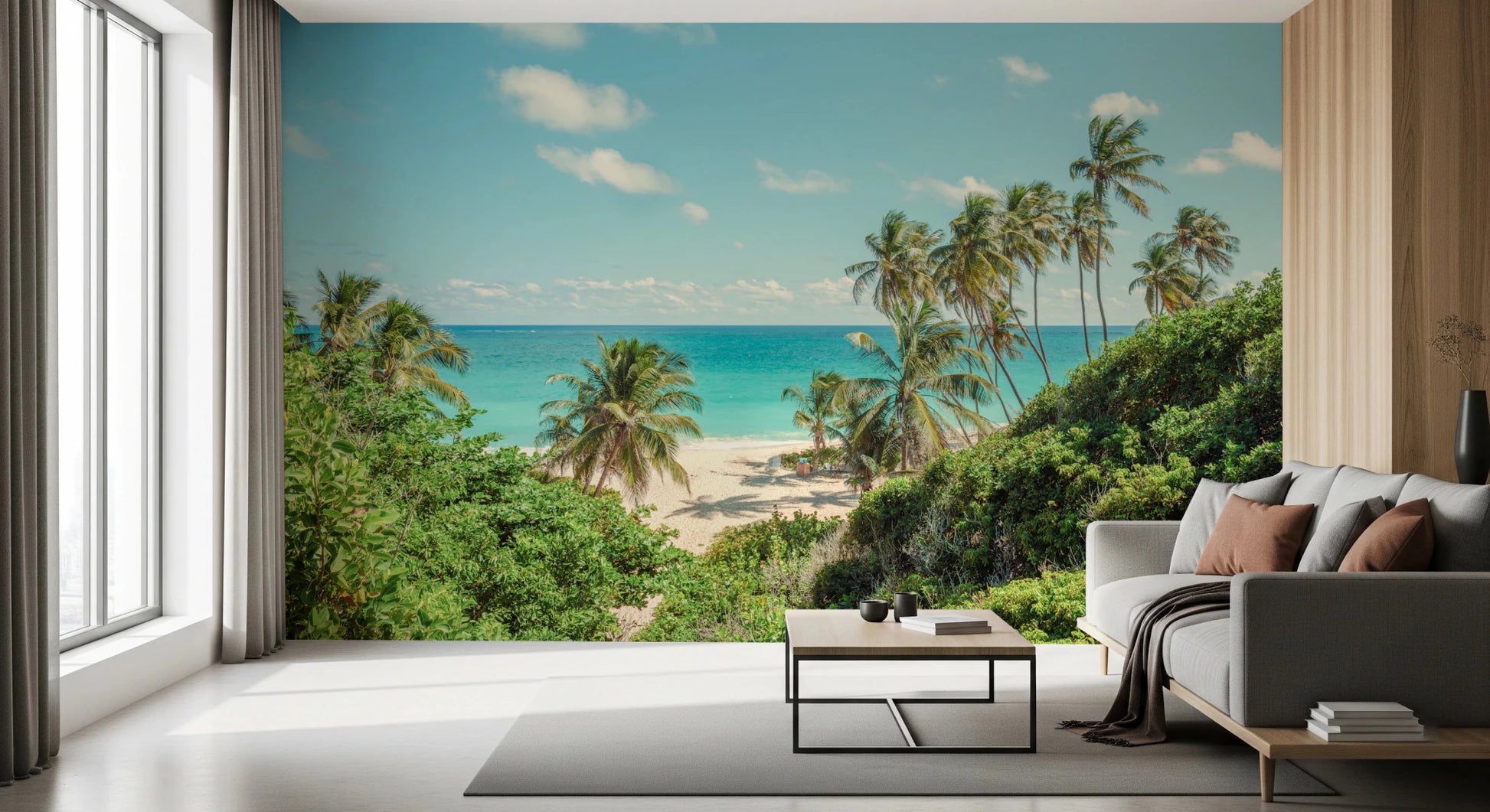 Contemporary living room using Serene Coastal Paradise Wall Mural behind a pale sofa
