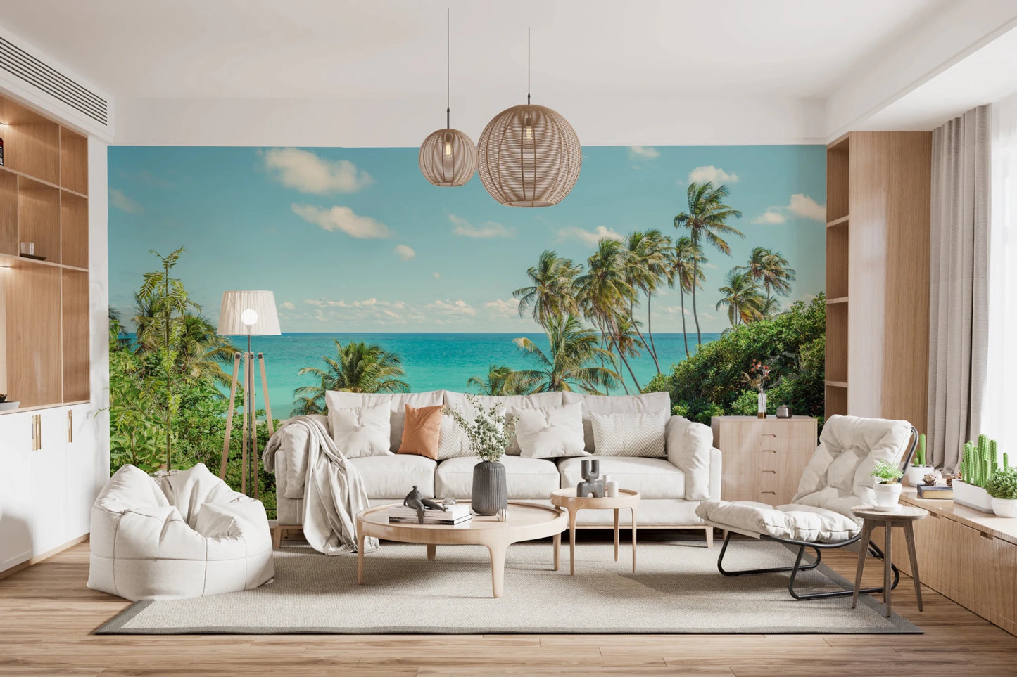 Wide Hallway setting with Serene Coastal Paradise Wall Mural behind a neatly dressed bed