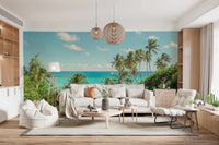 Wide Hallway setting with Serene Coastal Paradise Wall Mural behind a neatly dressed bed