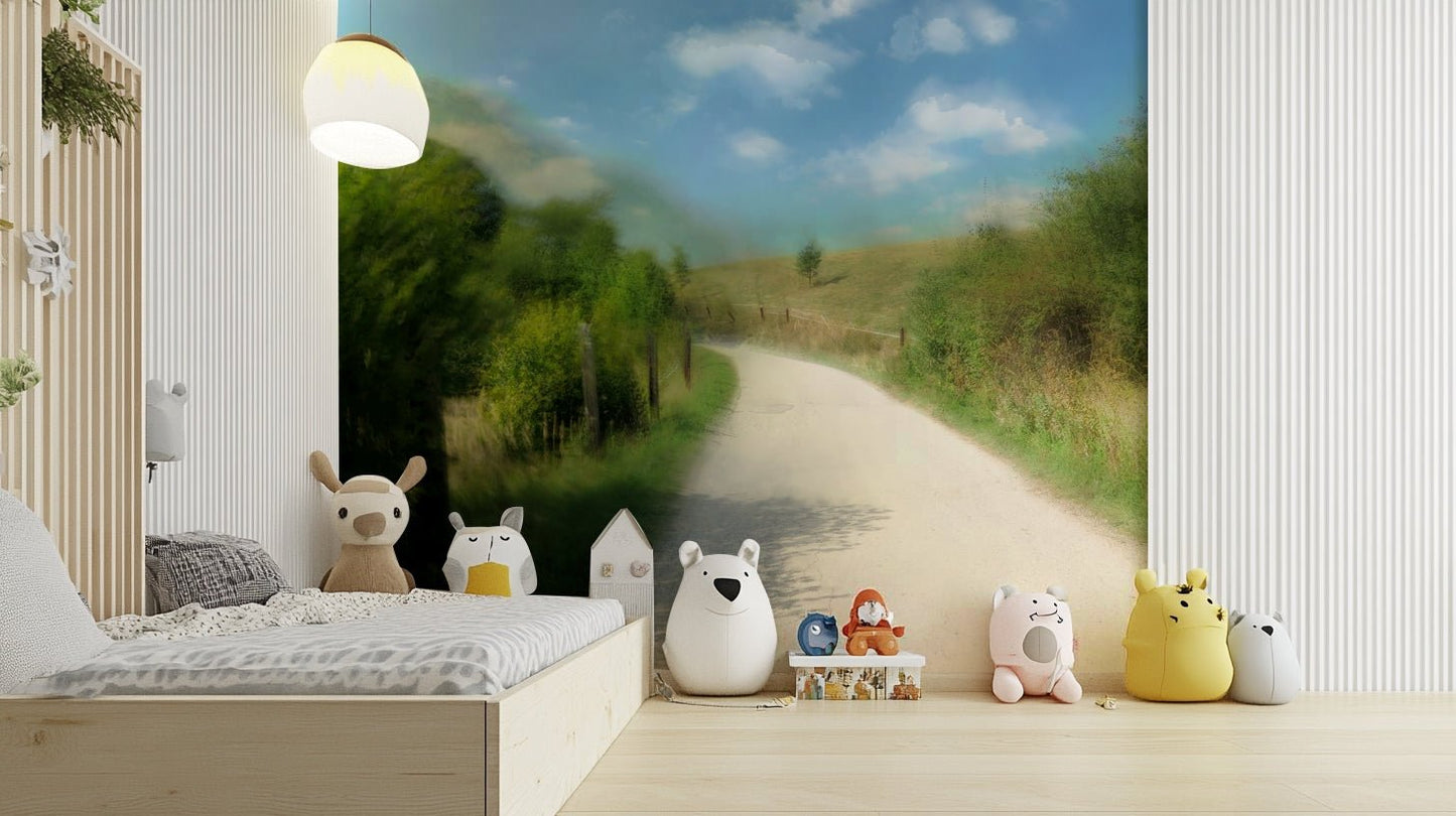 Serene Country Pathway Art Print | Tranquil Landscape Photography Wall Mural