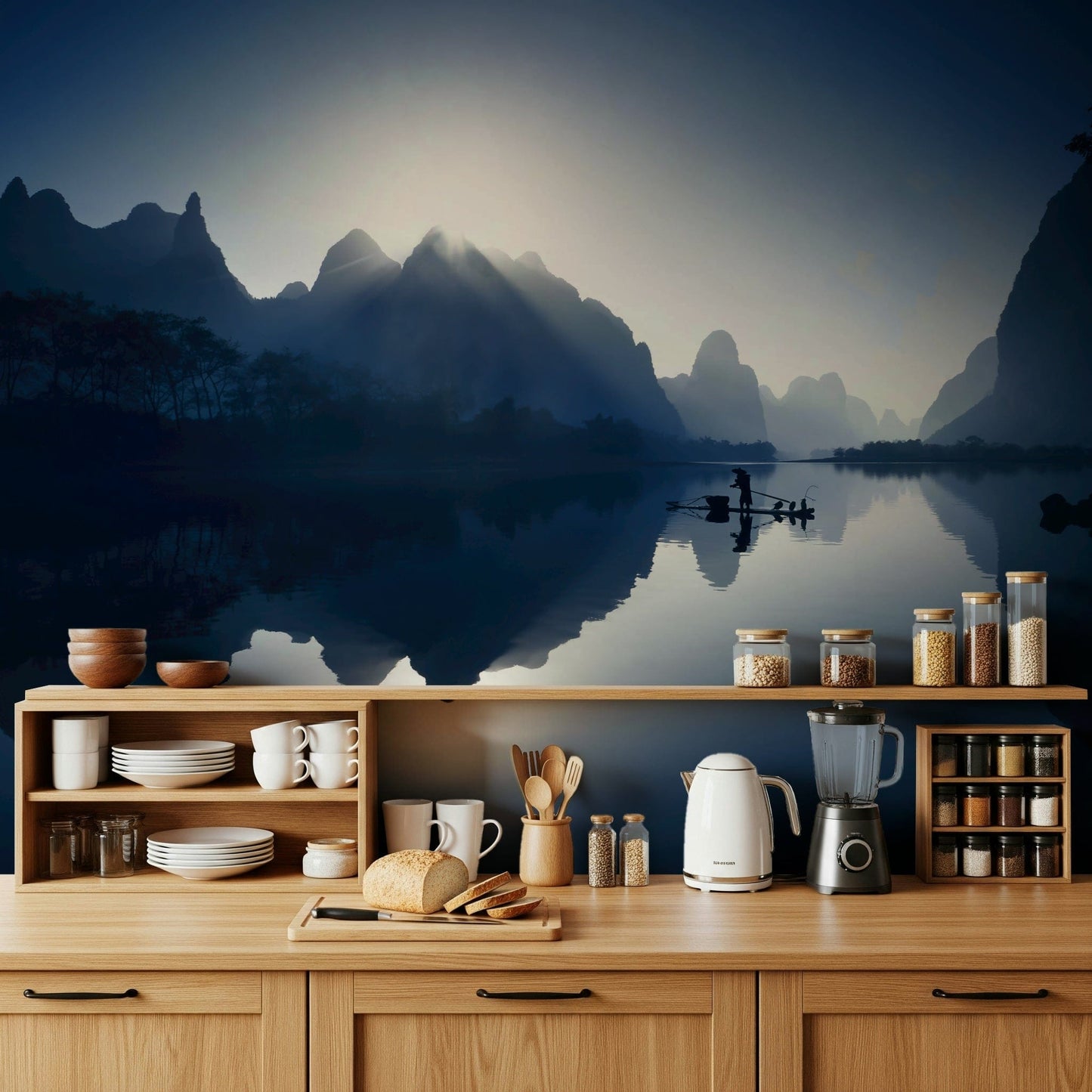 Serene Dawn: Yangshuo's Whisper Wall Mural in a sophisticated guest suite wallpaper.